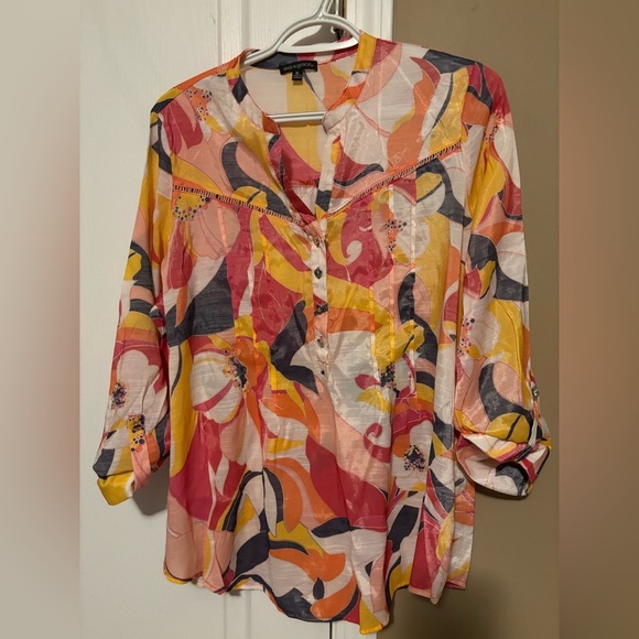 Ava & Grace Tops - Ava & Grace Abstract Button-Front Tunic - Pink, Yellow & Cream Sz XL